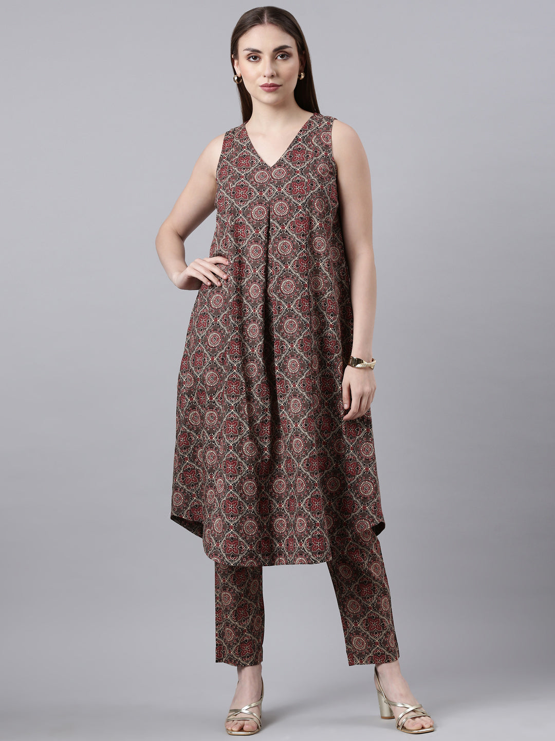 Taupe & Red Printed Cotton Flared Kurta Pant Set