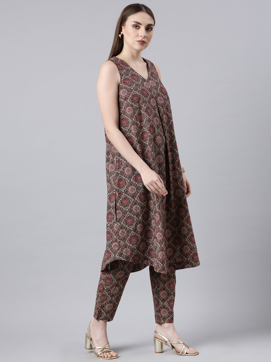 Taupe & Red Printed Cotton Flared Kurta Pant Set