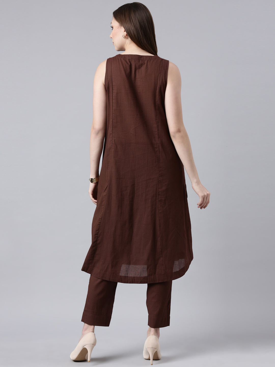 Textured Cotton Flared Kurta Pant Set - Coffee Bean