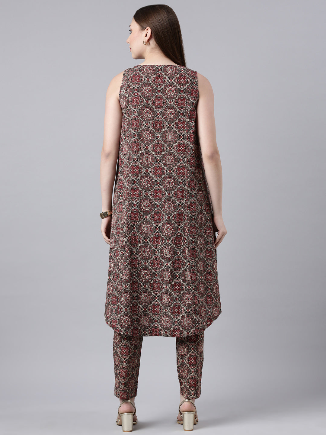 Taupe & Red Printed Cotton Flared Kurta Pant Set