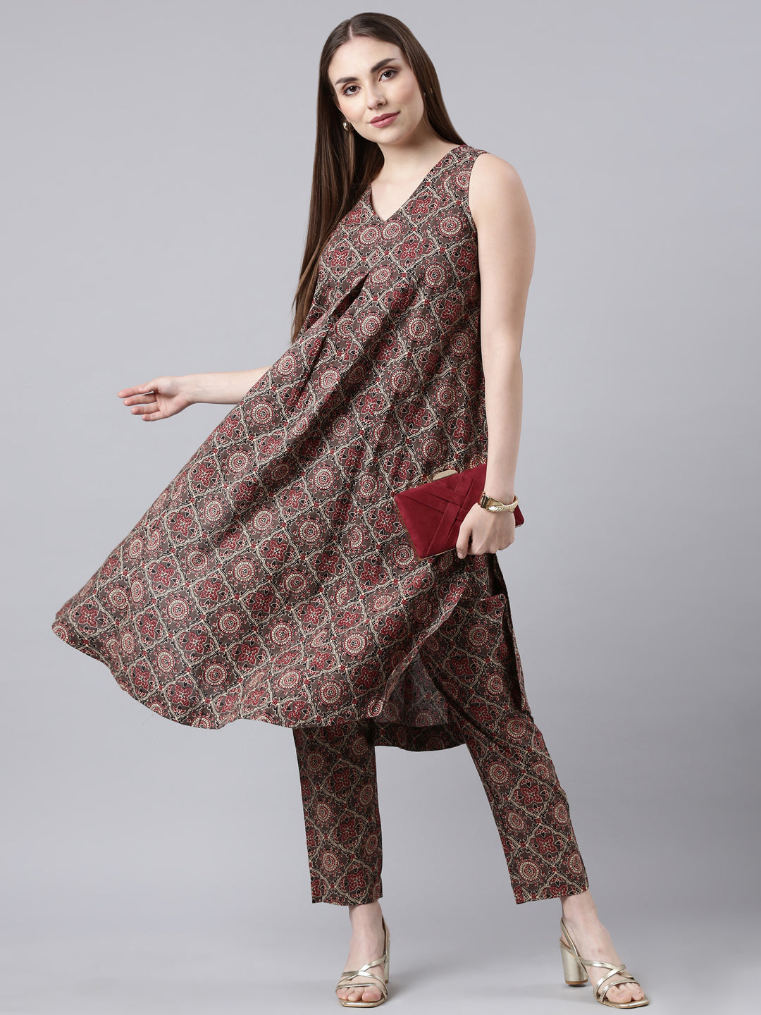 Taupe & Red Printed Cotton Flared Kurta Pant Set