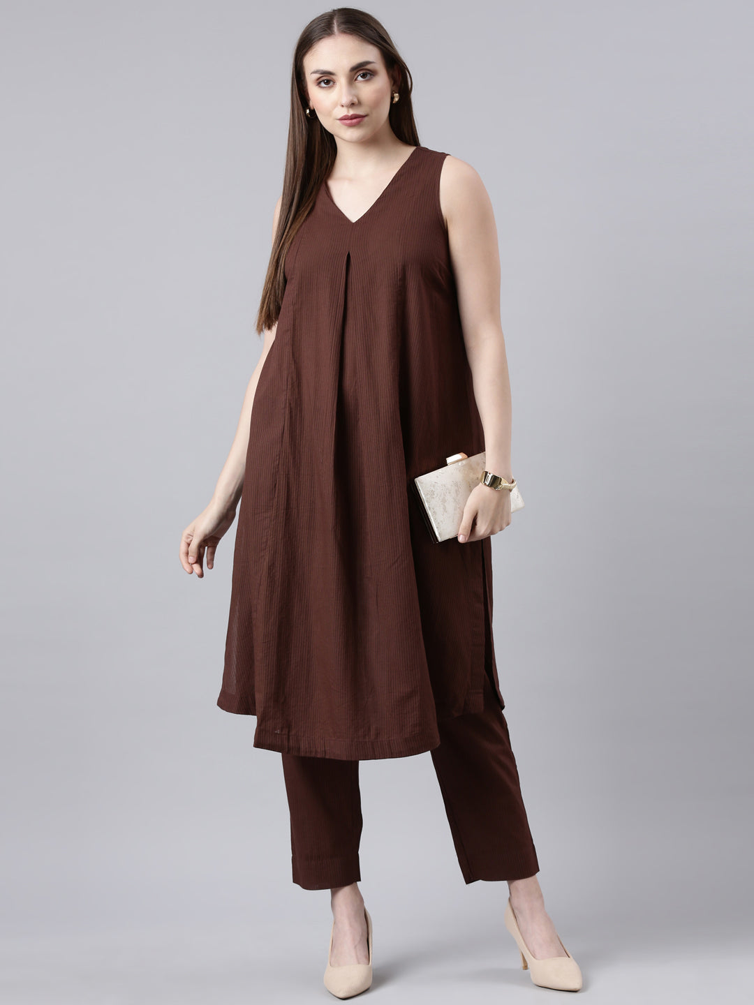 Textured Cotton Flared Kurta Pant Set - Coffee Bean