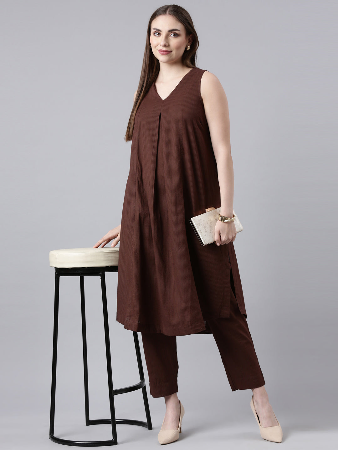 Textured Cotton Flared Kurta Pant Set - Coffee Bean