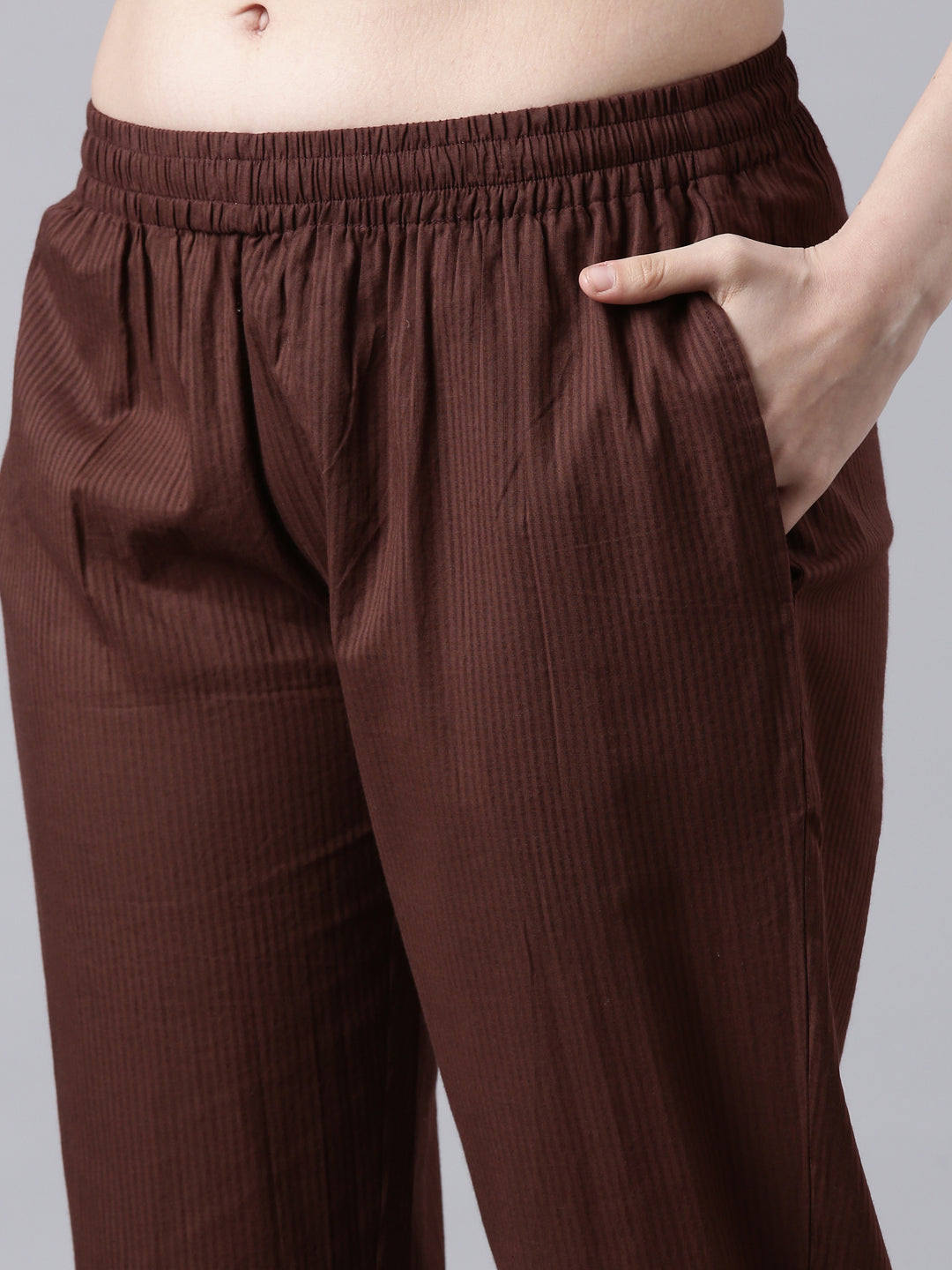 Textured Cotton Flared Kurta Pant Set - Coffee Bean