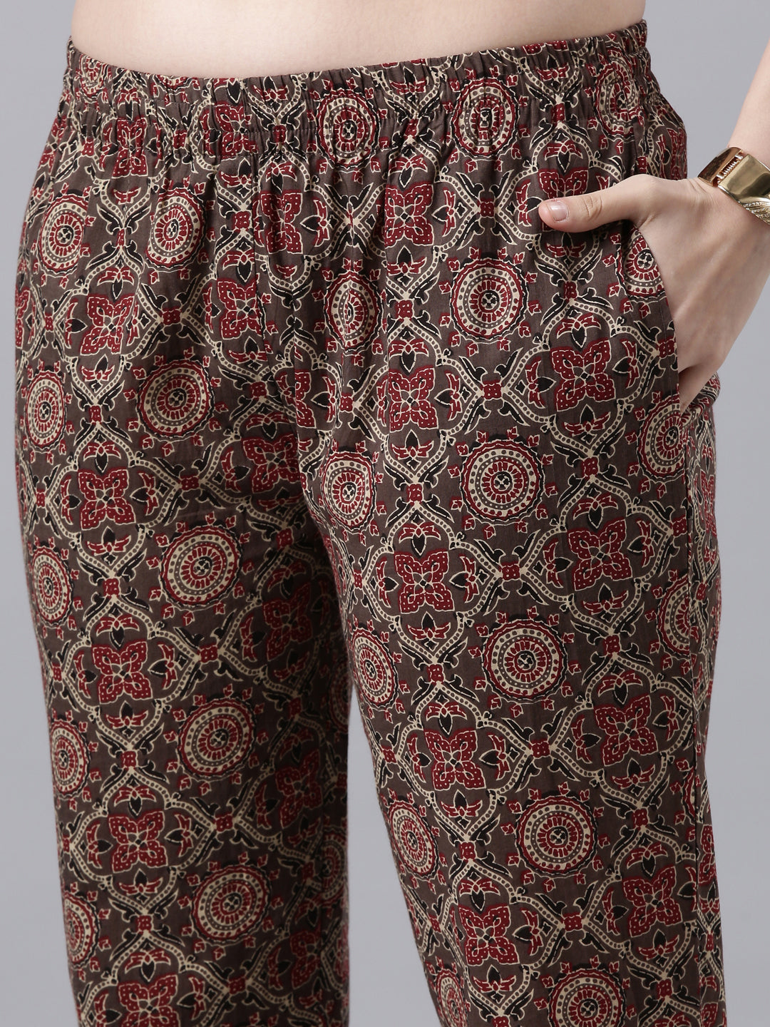 Taupe & Red Printed Cotton Flared Kurta Pant Set