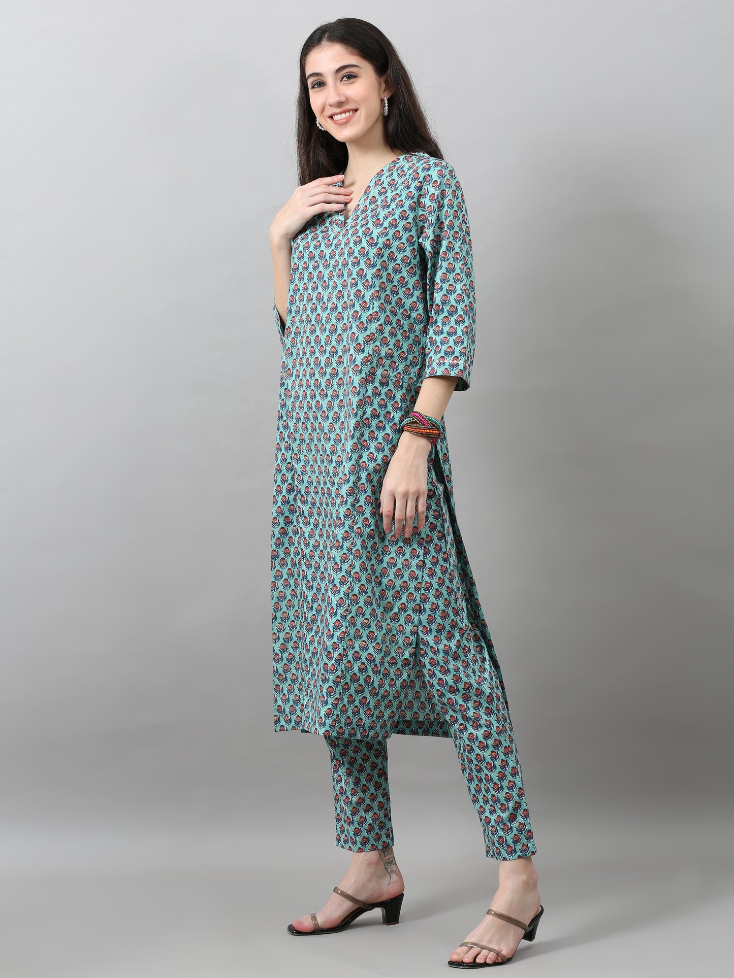 EDIRA Women's Cotton Kurta with Trousers (Turquoise)