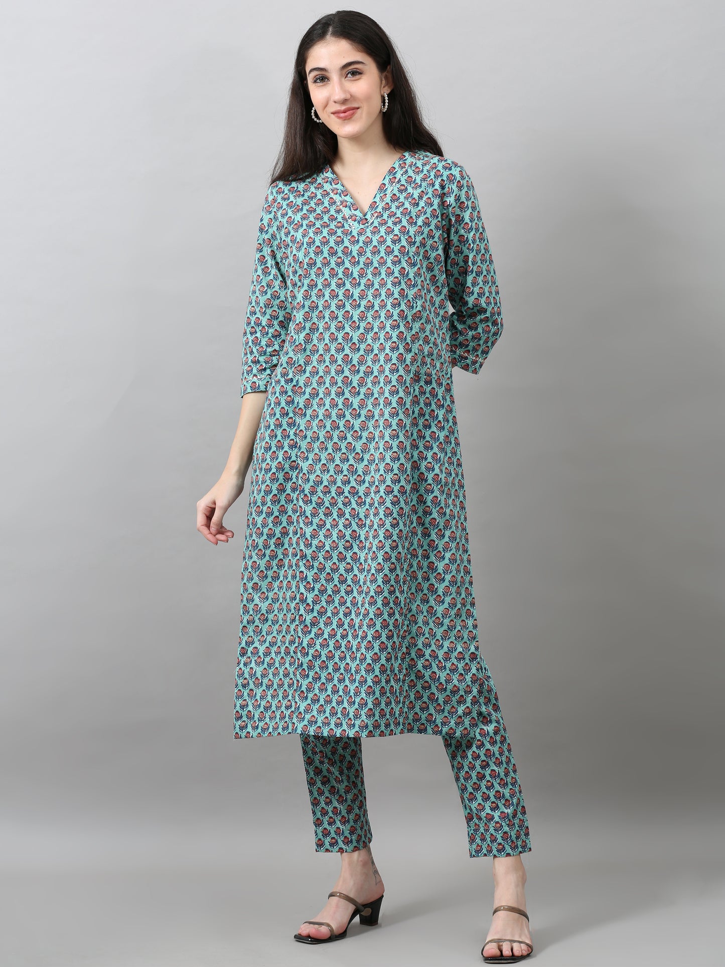 EDIRA Women's Cotton Kurta with Trousers (Turquoise)