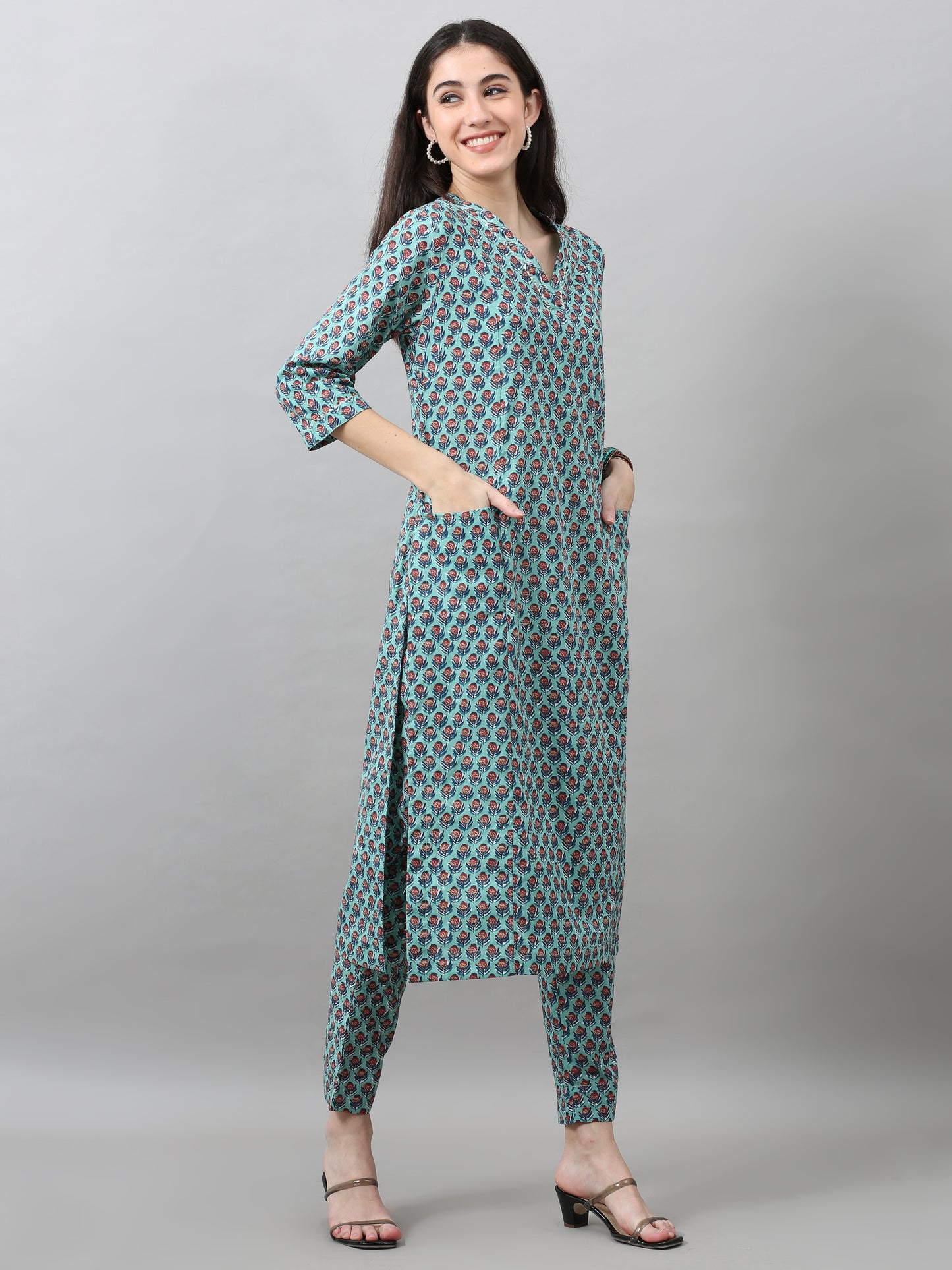 EDIRA Women's Cotton Kurta with Trousers (Turquoise)