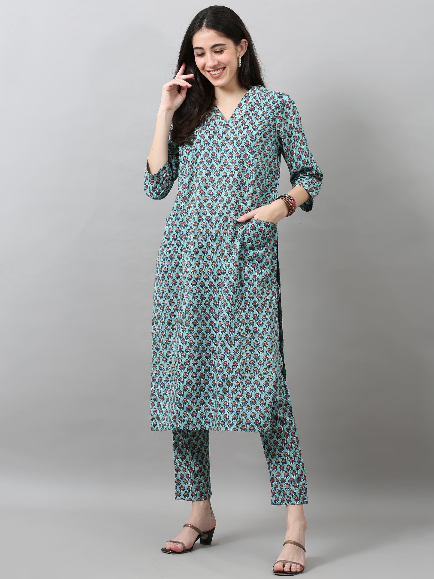 EDIRA Women's Cotton Kurta with Trousers (Turquoise)